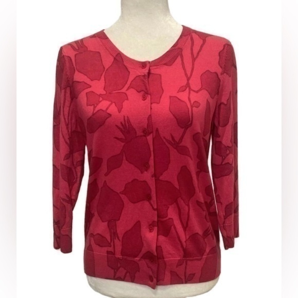 Talbots 100% Merino Wool Raspberry Rosebud Floral Crop Cardigan Sweater Size M